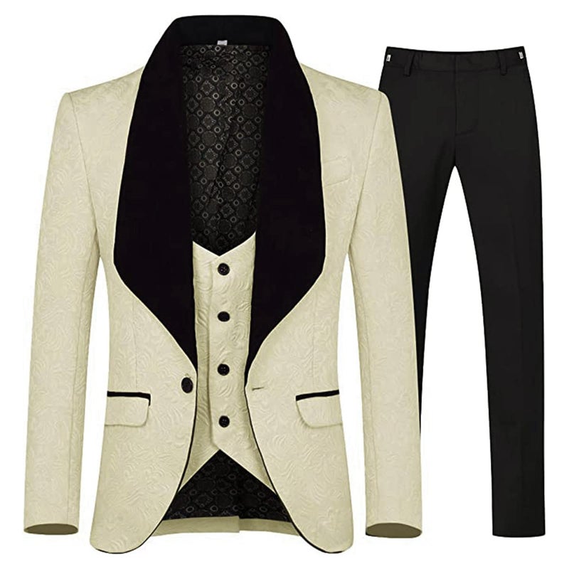 YFFUSHI Men's 3 Piece Suit Slim Fit Jacquard Tuxedo 1 Button Shawl Collar Blazer Vest & Pants for Wedding Formal Prom Khaki - Image 1